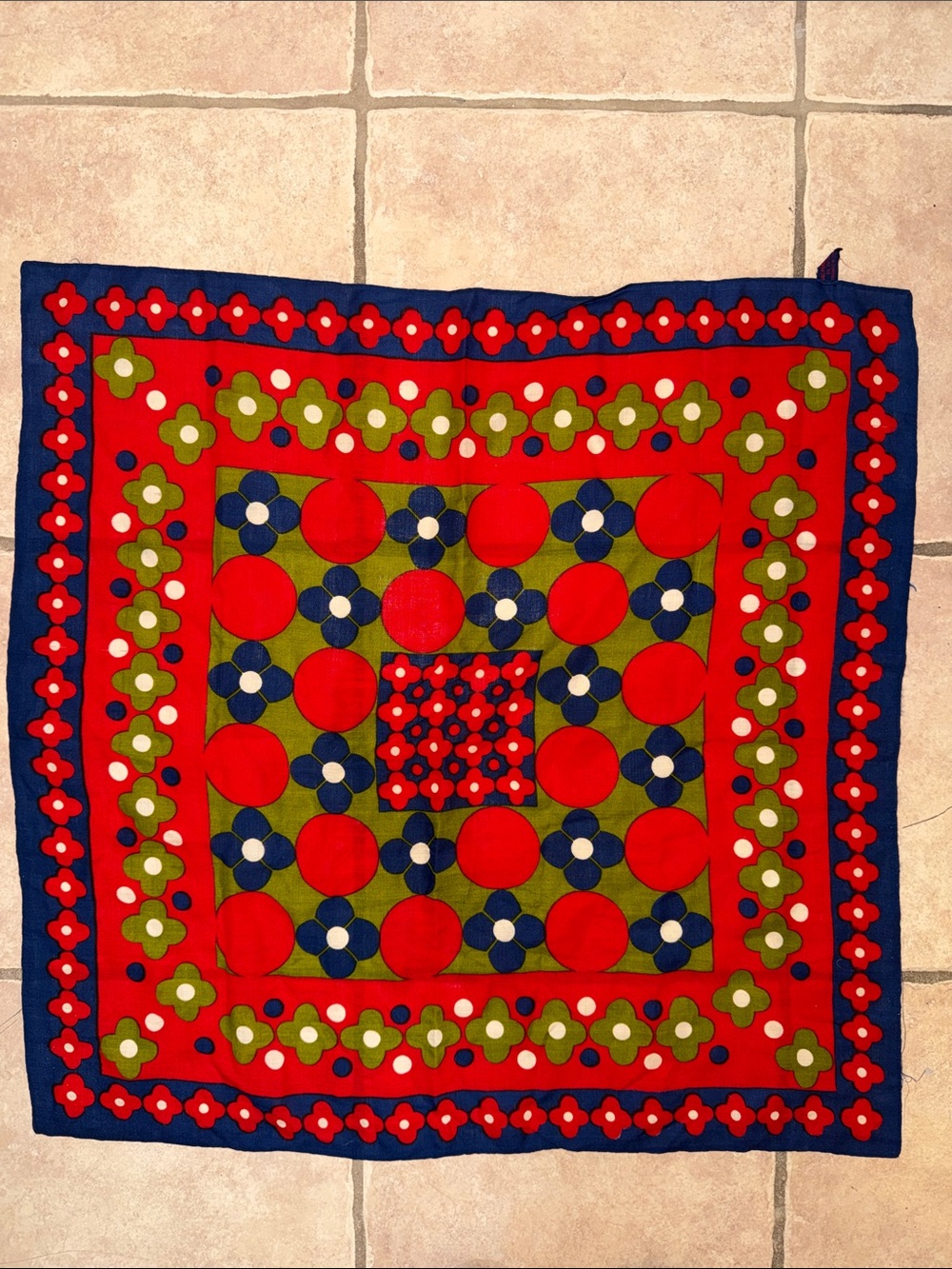 Vintage Japanese Pure Wool Bold Floral Square Scarf in Red, Navy & Olive